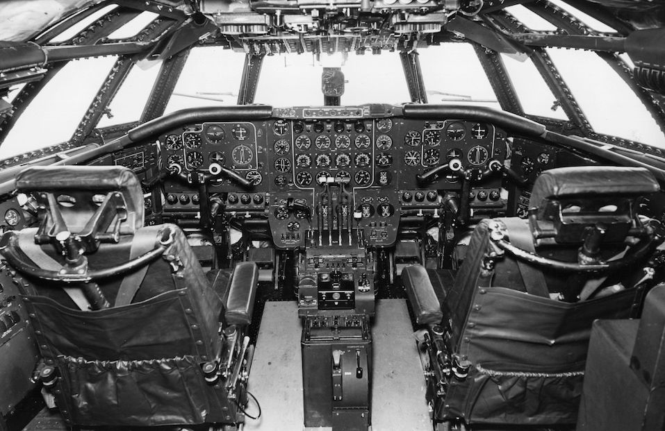 The flight deck of the Britannia airliner provides room for a crew of four