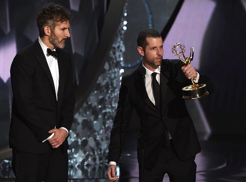 David Benioff and D.B. Weiss accept an Emmy award. David Benioff and D.B. Weiss accept an Emmy award.