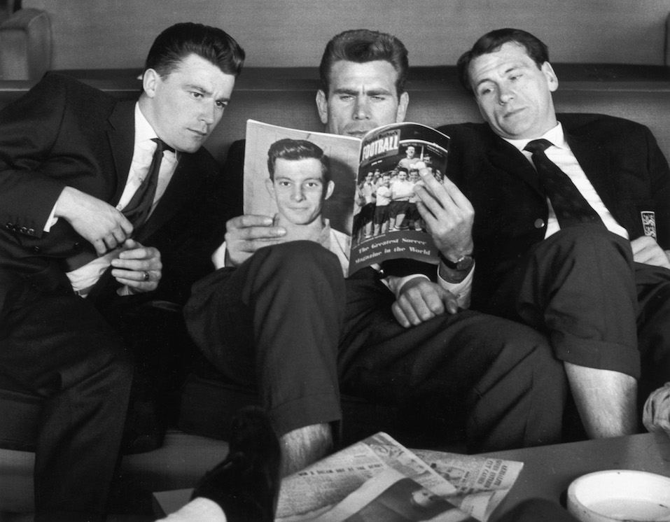 England footballers Johnny Byrne, Peter Swann and Bobby Robson are delayed at London Airport