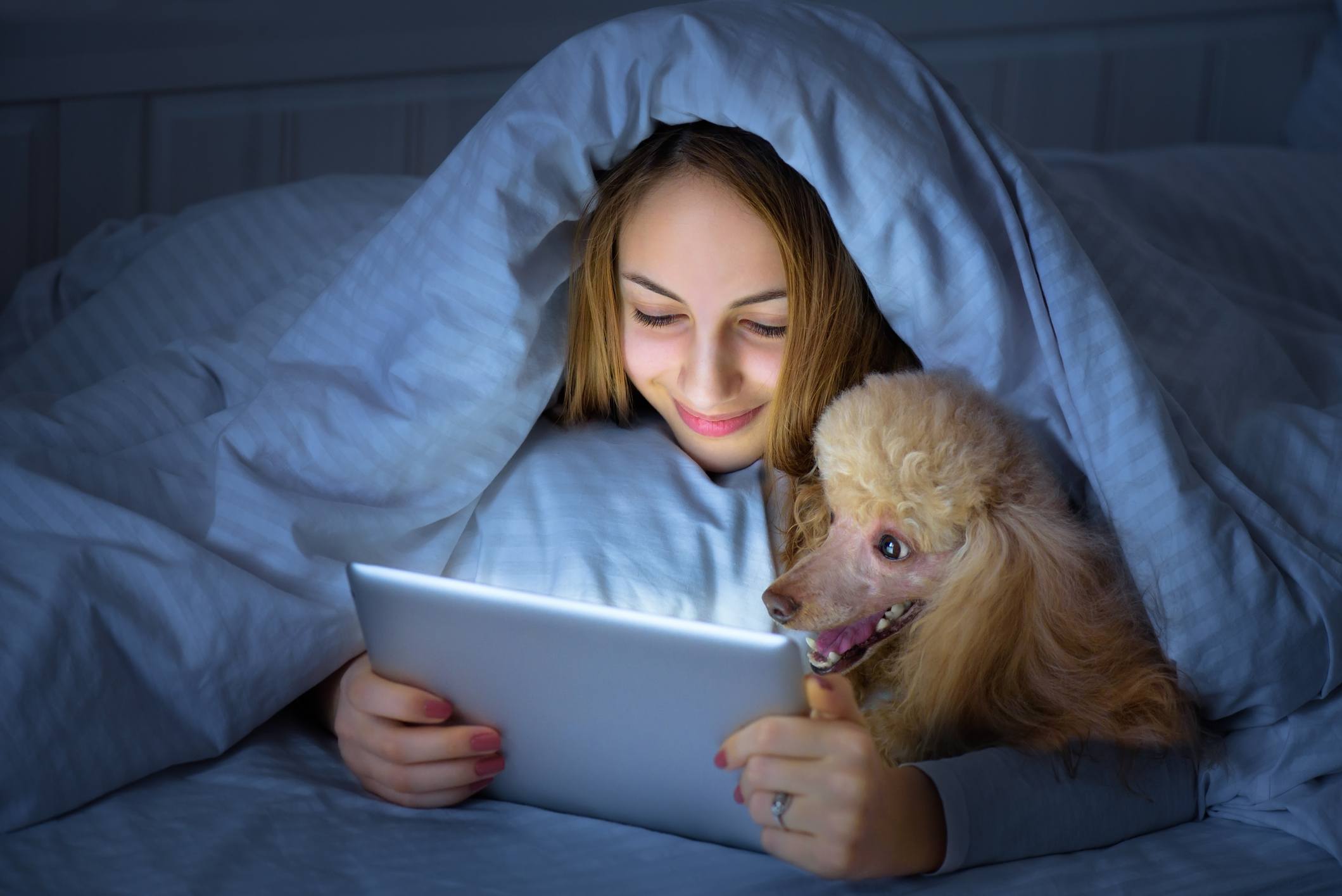 Girl with her dog on the bed with tablet.