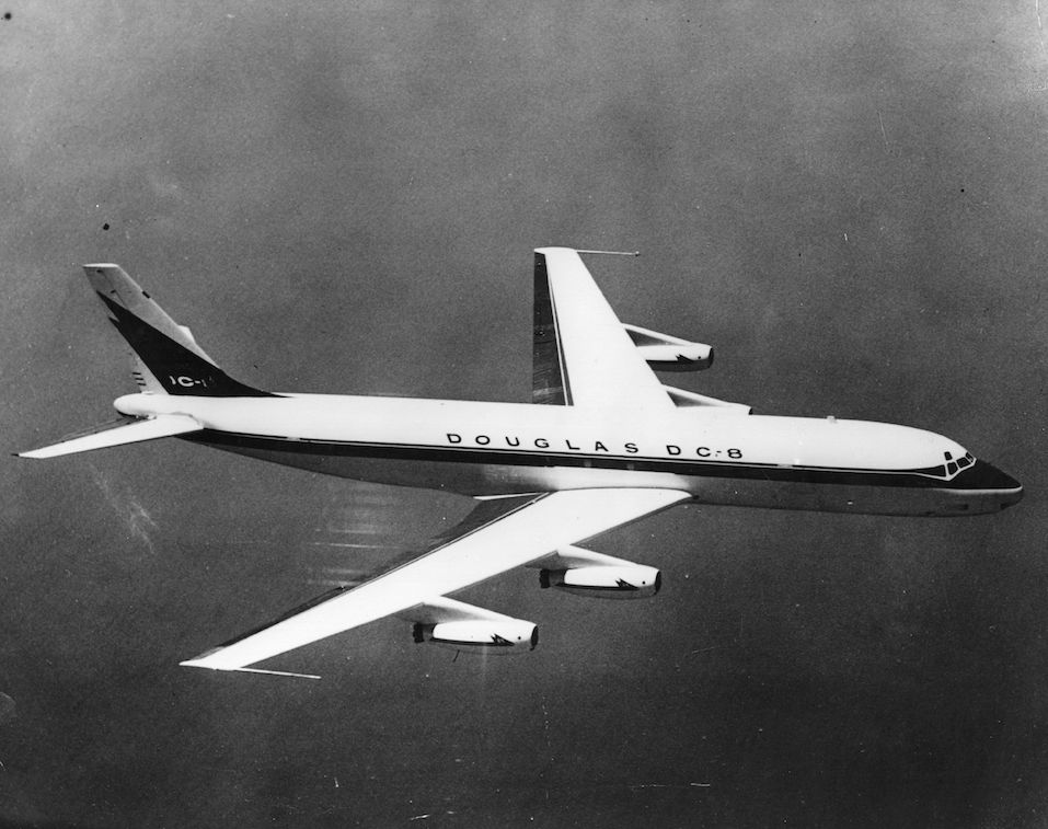 In flight view of the Douglas DC 8 passenger plane,