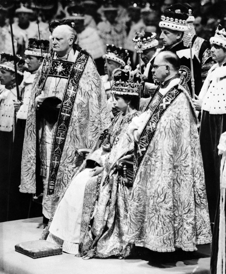 Queen Elizabeth II, surrounded by the bishop of Durham Lord Michael Ramsayand the bishop of Bath and Wells Lord Harold Bradfield, receives homage