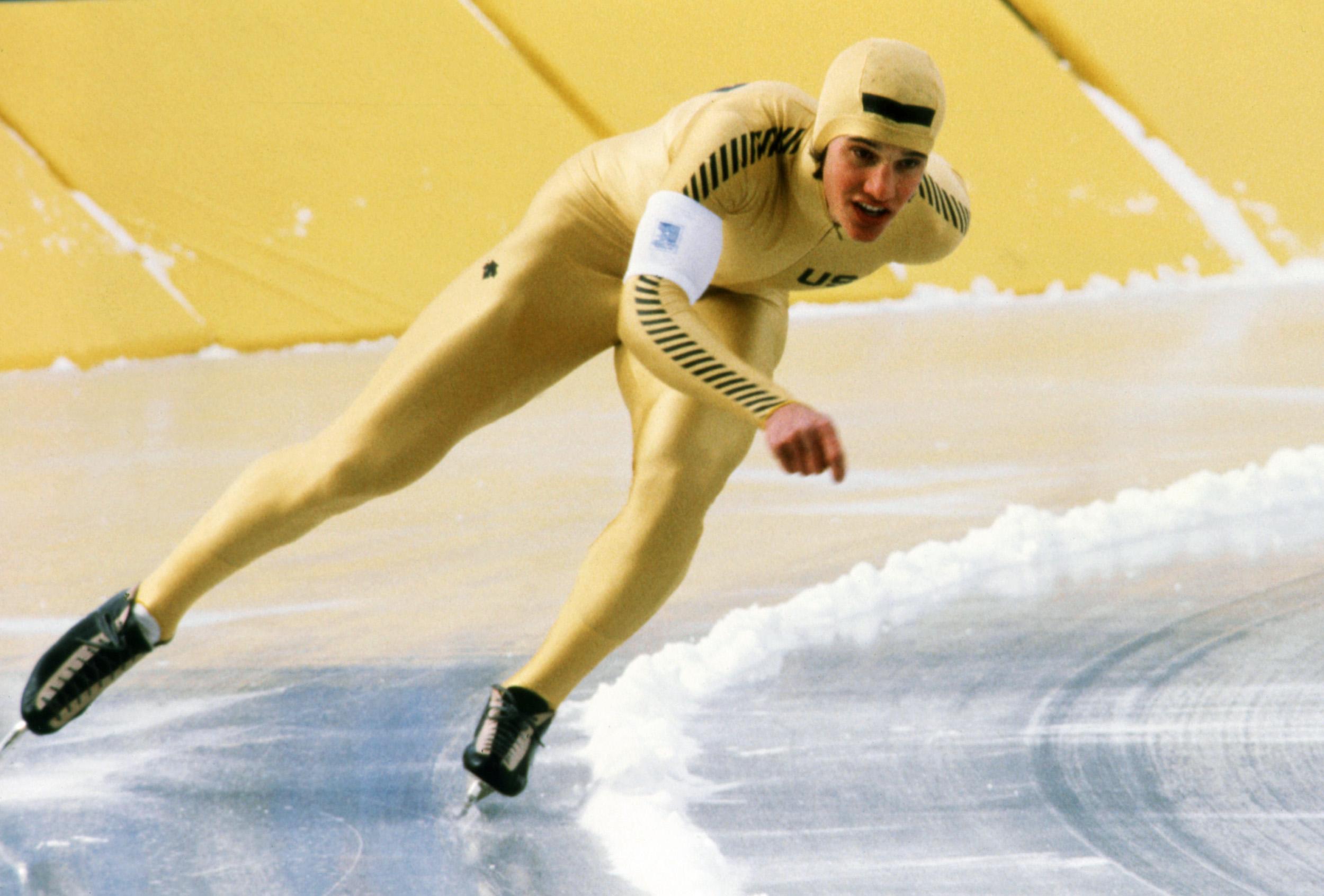 US speed skater Eric Heiden in a gold suit