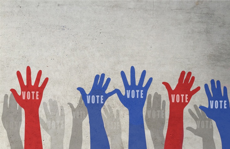 Multi colored hands drawn raising towards the sky with vote written in the image. Multi colored hands drawn raising towards the sky with vote written in the image.