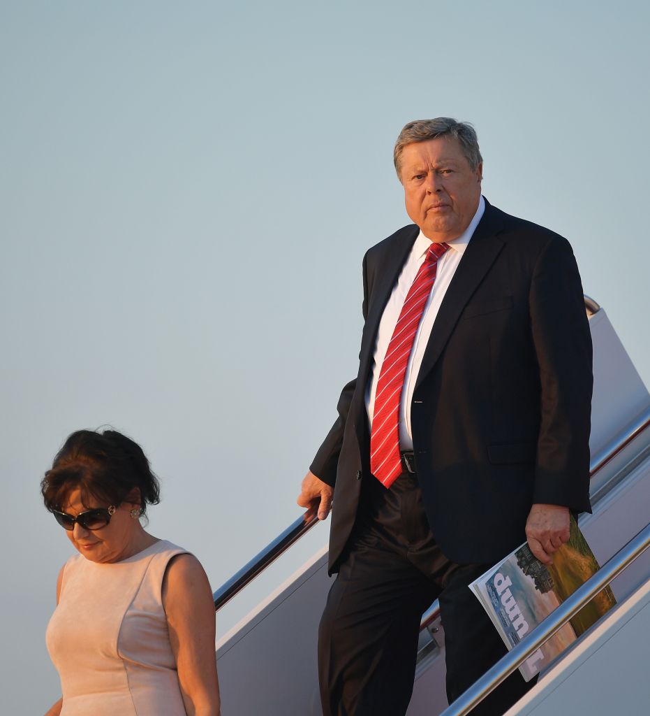Viktor Knavs and Amalija Knavs, the parents of US First Lady Melania Trump step off Air Force One
