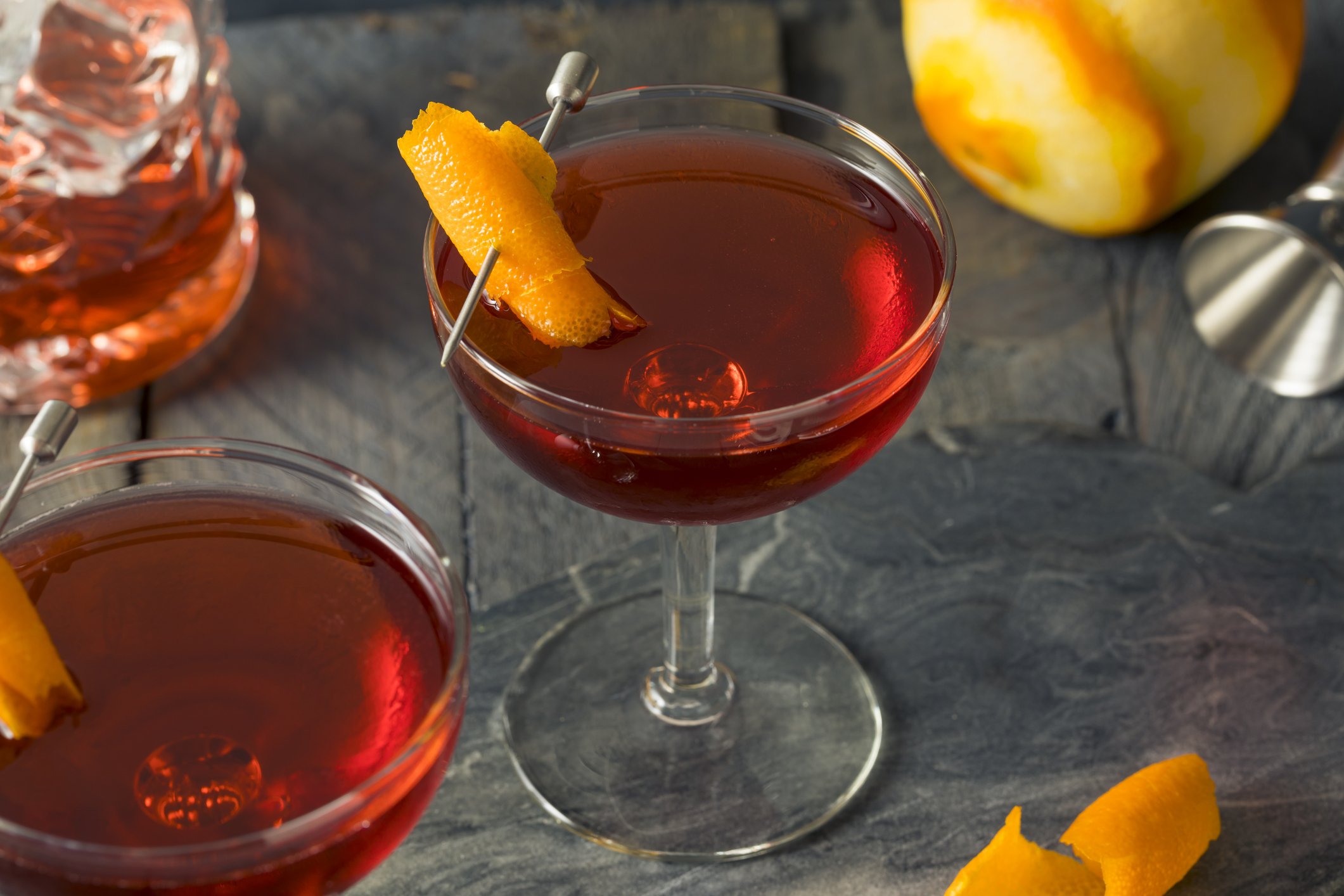 Homemade Red Boulevardier Cocktail with Orange Garnish Homemade Red Boulevardier Cocktail with Orange Garnish