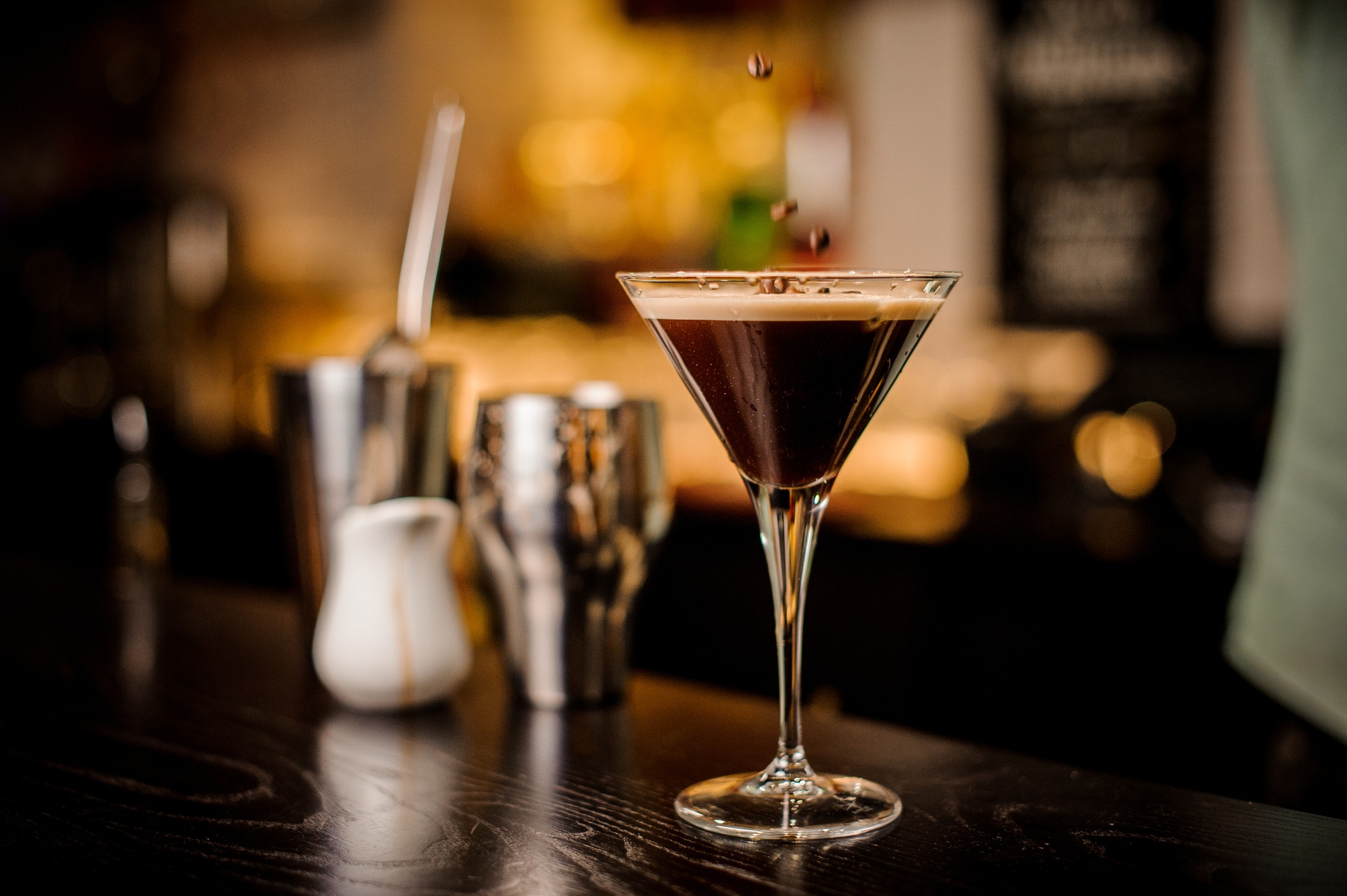 martini espresso cocktail drink foam coffee bean on top bar counter martini espresso cocktail drink foam coffee bean on top bar counter