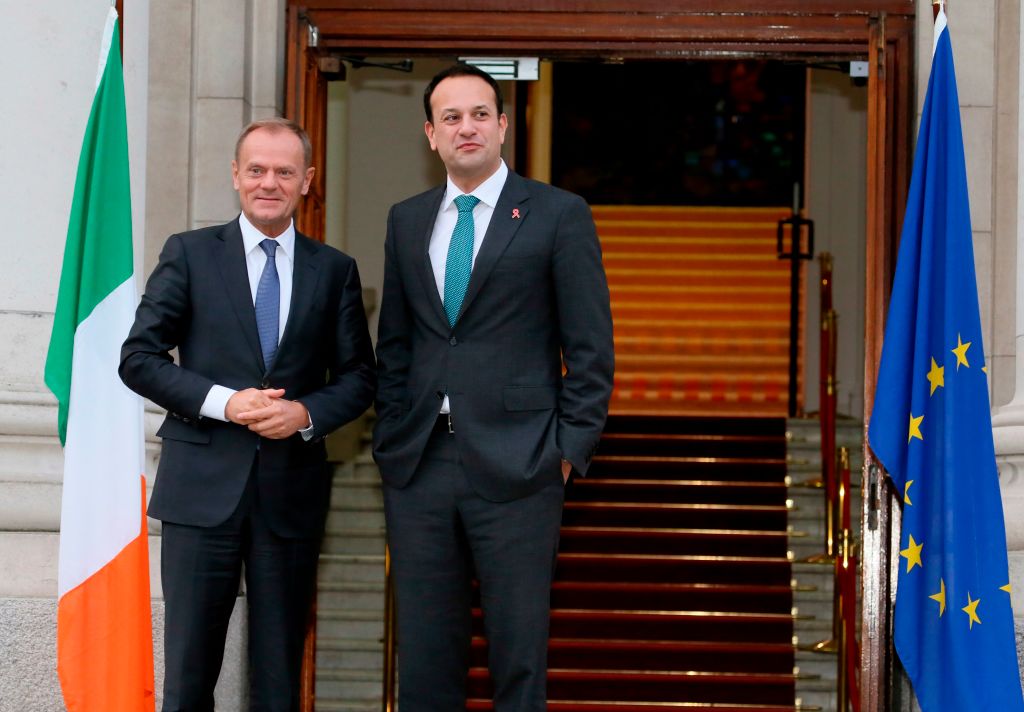 European Council President Donald Tusk (L) is welcomed to the Government buildings by Ireland's Prime Minister (Taoiseach) Leo Varadkar (R) in Dublin.