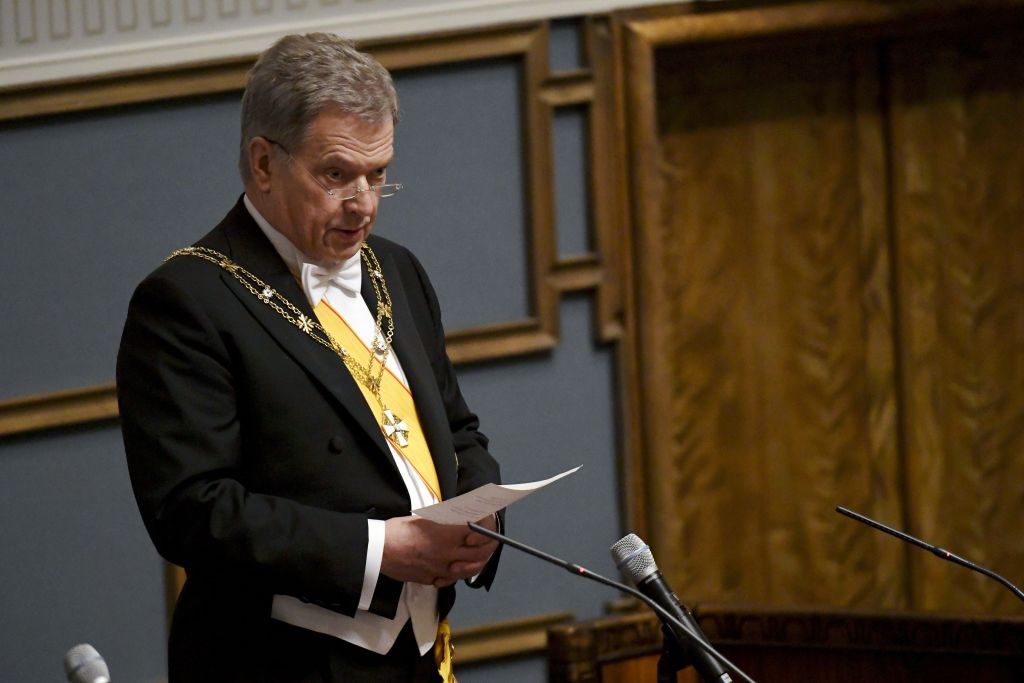 Re-elected President Sauli Niinistö speaks during the inauguration ceremony of the President of the Republic of Finland during a plenary session of the Finnish Parliament in Helsinki.