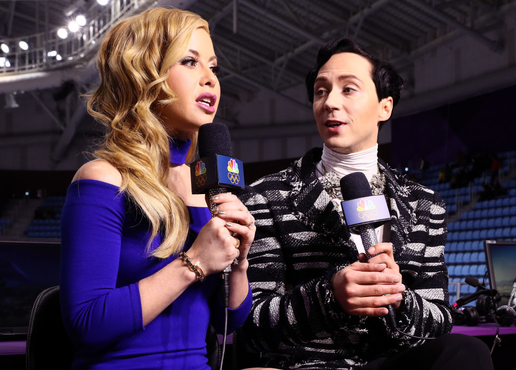 Figure skating announcers Tara Lipinski and Johnny Weir prepare for the start of the Pair Skating Short Program on day five of the PyeongChang 2018 Winter Olympics at Gangneung Ice Arena on February 14, 2018 in Gangneung, South Korea.