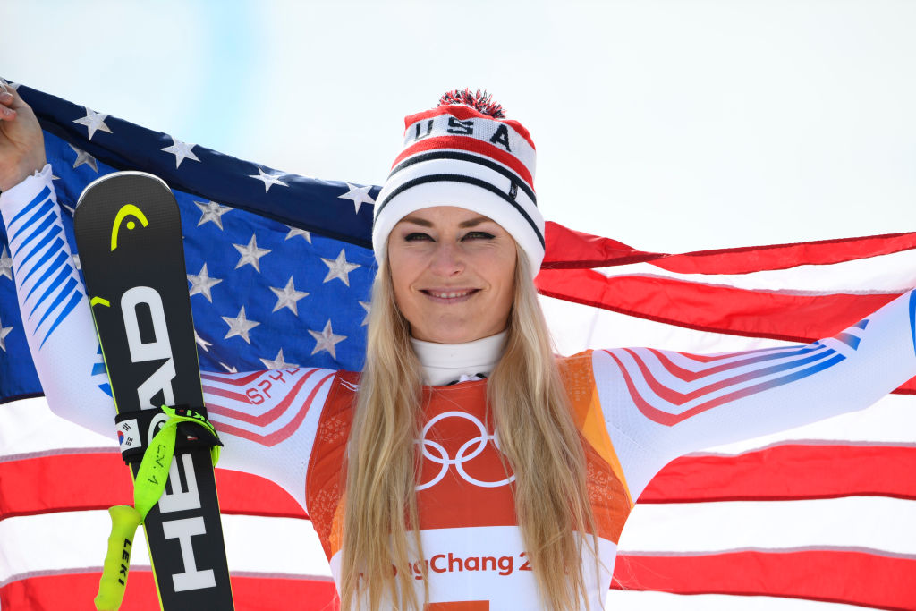 Lindsey Vonn of USA wins the bronze medal during the Alpine Skiing Women's Downhill at Jeongseon Alpine Centre on February 21, 2018 in Pyeongchang-gun, South Korea. 