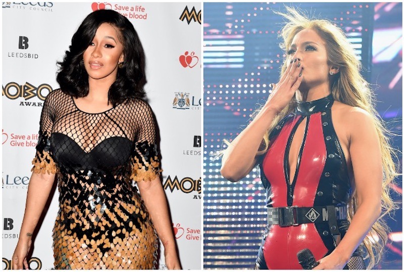 Jennifer Lopez and Cardi B collage. Jennifer Lopez and Cardi B collage.
