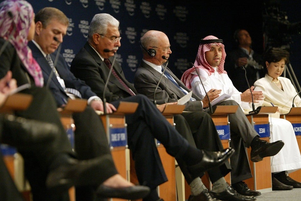 A Saudi participant speaks during the closing session of the World Economic Forum