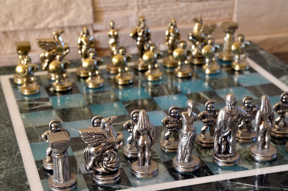 Marble chess set with silver and gold figurines