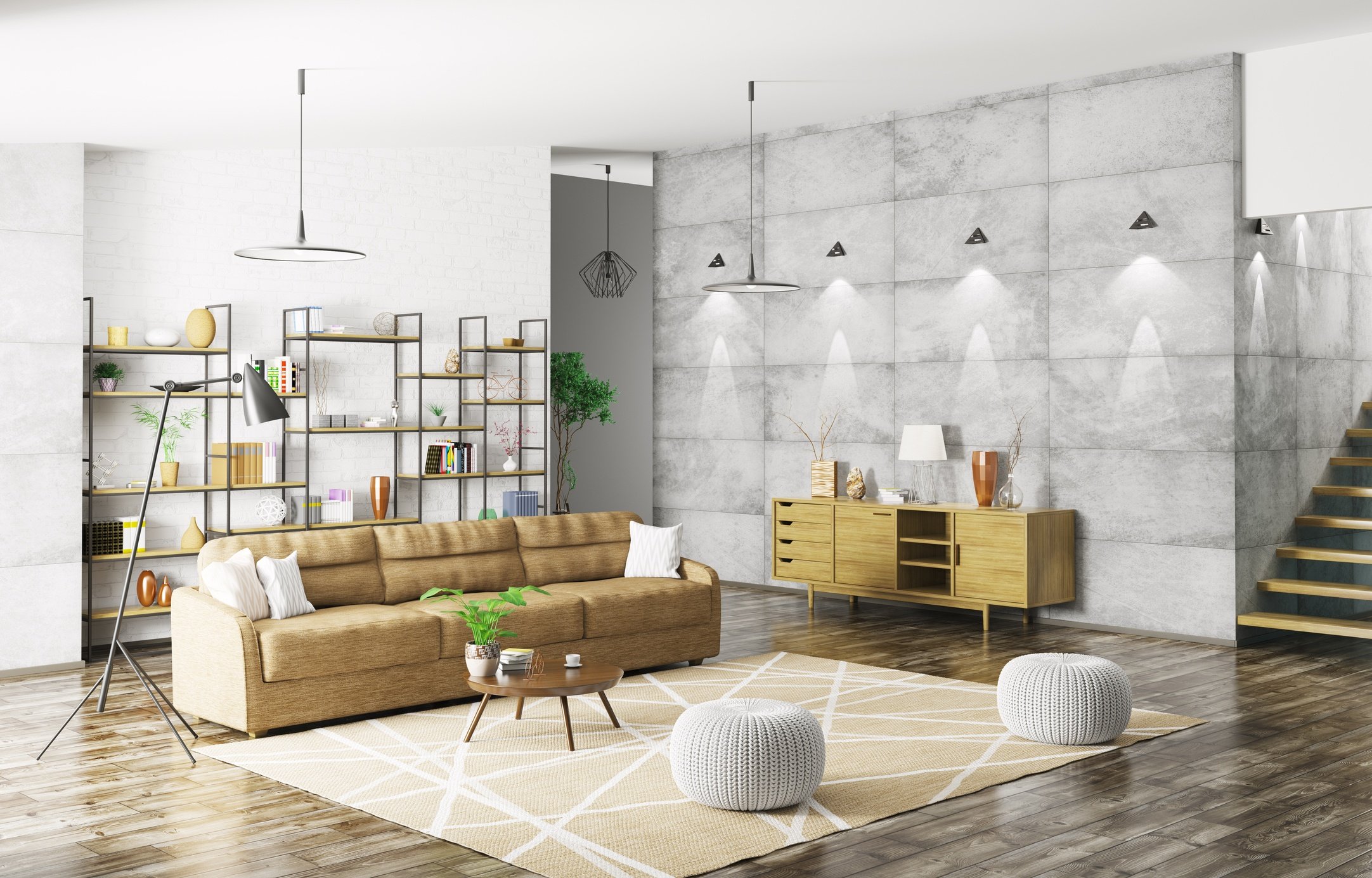 Modern living room with moroccan poufs