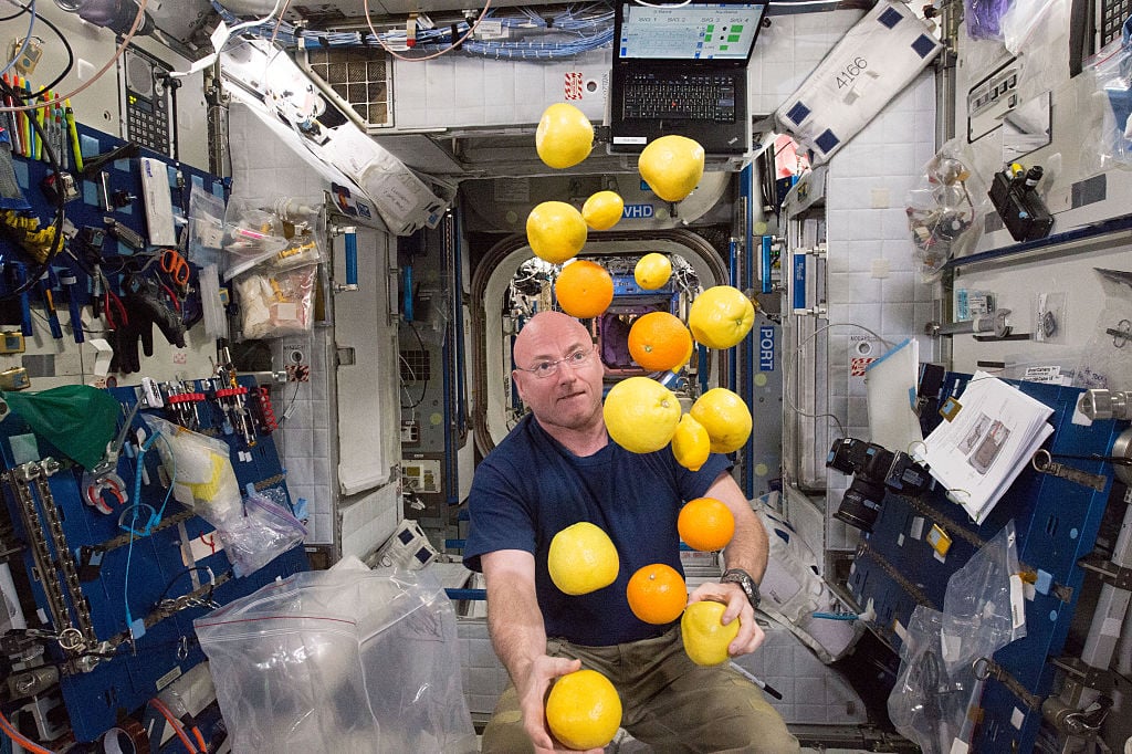 NASA astronaut Scott Kelly corrals the supply of fresh fruit that arrived on the Kounotori 5 H-II Transfer Vehicle