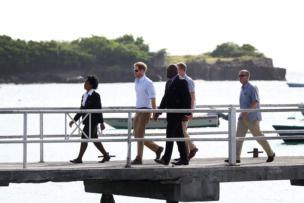 Prince Harry arrives to Charlestown Dock on the Island of Nevis