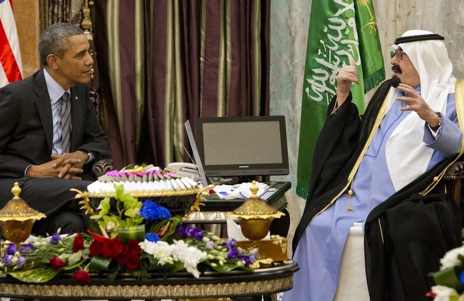 US President Barack Obama meets with Saudi King Abdullah at Rawdat Khurayim, the monarch's desert camp