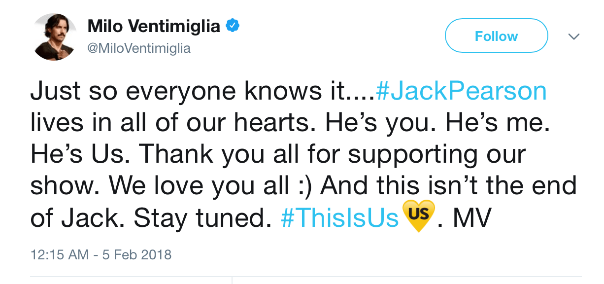 A screenshot of Milo Ventimiglia's twitter A screenshot of Milo Ventimiglia's twitter