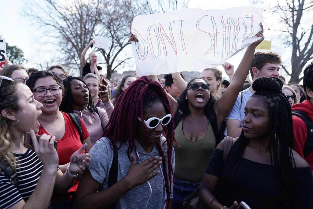 Students participate in a protest against gun violence February