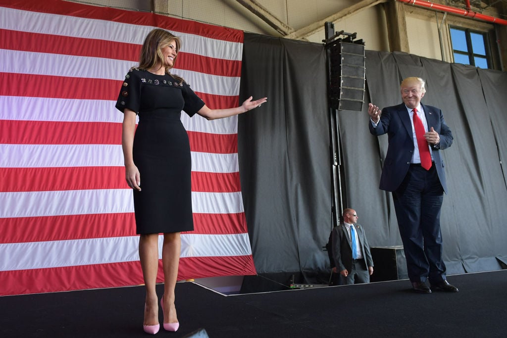 US President Donald Trump and US First Lady Melania Trump address US military personnel and families