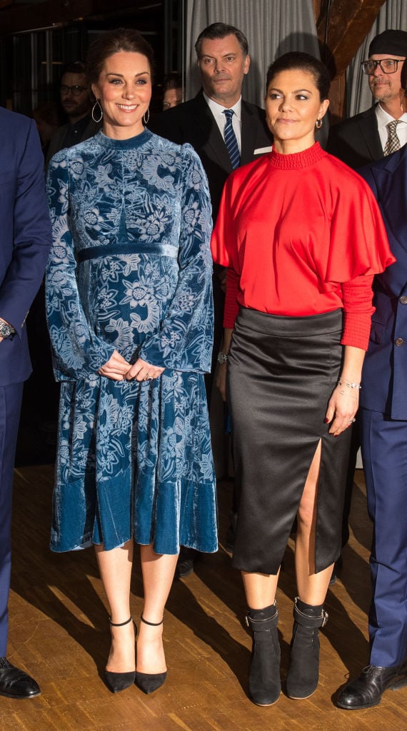 Catherine, Duchess of Cambridge is greeted by Crown Princess Victoria of Sweden