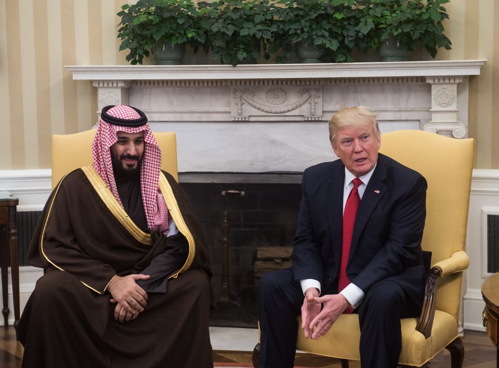 US President Donald Trump and Saudi Deputy Crown Prince and Defense Minister Mohammed bin Salman speak to the media