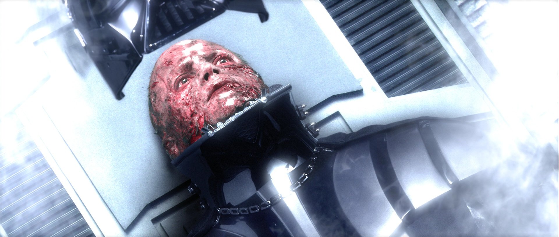 The Darth Vader helmet is put on Anakin's head in Star Wars: Episode III -- Revenge of the Sith The Darth Vader helmet is put on Anakin's head in Star Wars: Episode III -- Revenge of the Sith