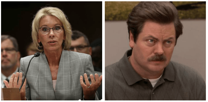 A composite image of Betsy DeVos and Ron Swanson