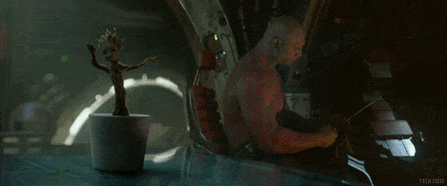 Baby Groot and Drax in Guardians of the Galaxy mid-credits scene Baby Groot and Drax in Guardians of the Galaxy mid-credits scene