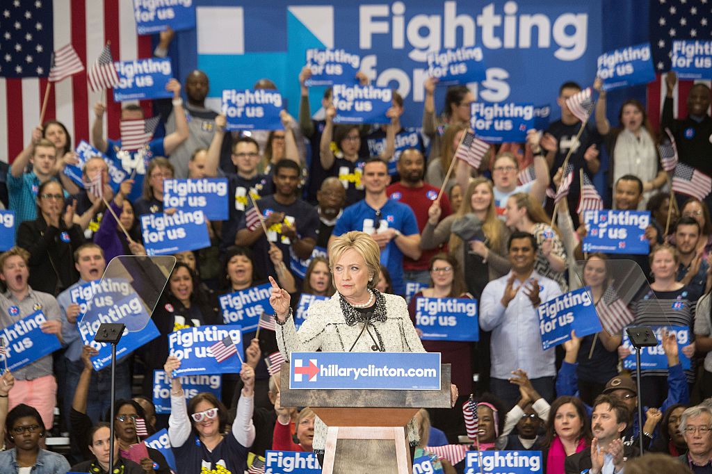 US Democratic presidential candidate Hillary Clinton addresses a primary night rally in Columbia, South Carolina