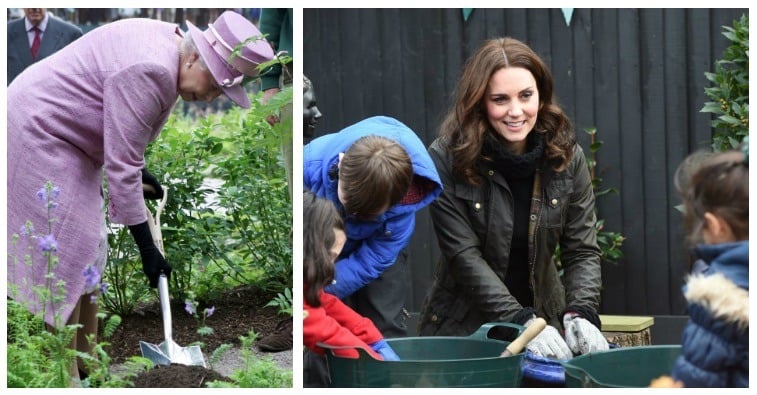 A composite image of Queen Elizabeth and Kate Middleton gardening A composite image of Queen Elizabeth and Kate Middleton gardening