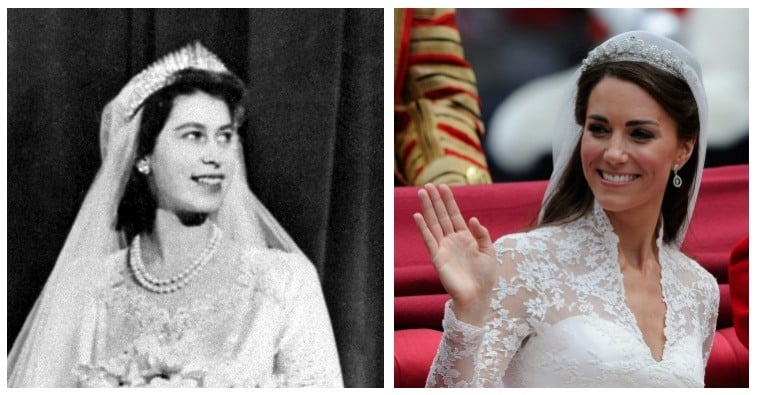 A composite image of Queen Elizabeth II and Kate Middleton on their wedding days