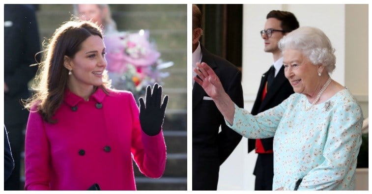 A composite image of Kate Middleton and Queen Elizabeth II waving and smiling A composite image of Kate Middleton and Queen Elizabeth II waving and smiling