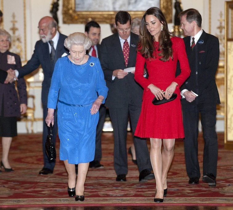 Queen Elizabeth II and Catherine, Duchess of Cambridge attend the Dramatic Arts reception at Buckingham Palace on February 17, 2014 in London, England. Queen Elizabeth II and Catherine, Duchess of Cambridge attend the Dramatic Arts reception at Buckingham Palace on February 17, 2014 in London, England.