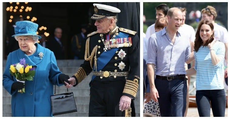 A composite image of Queen Elizabeth II with Prince Philip and Kate Middleton with Prince William A composite image of Queen Elizabeth II with Prince Philip and Kate Middleton with Prince William