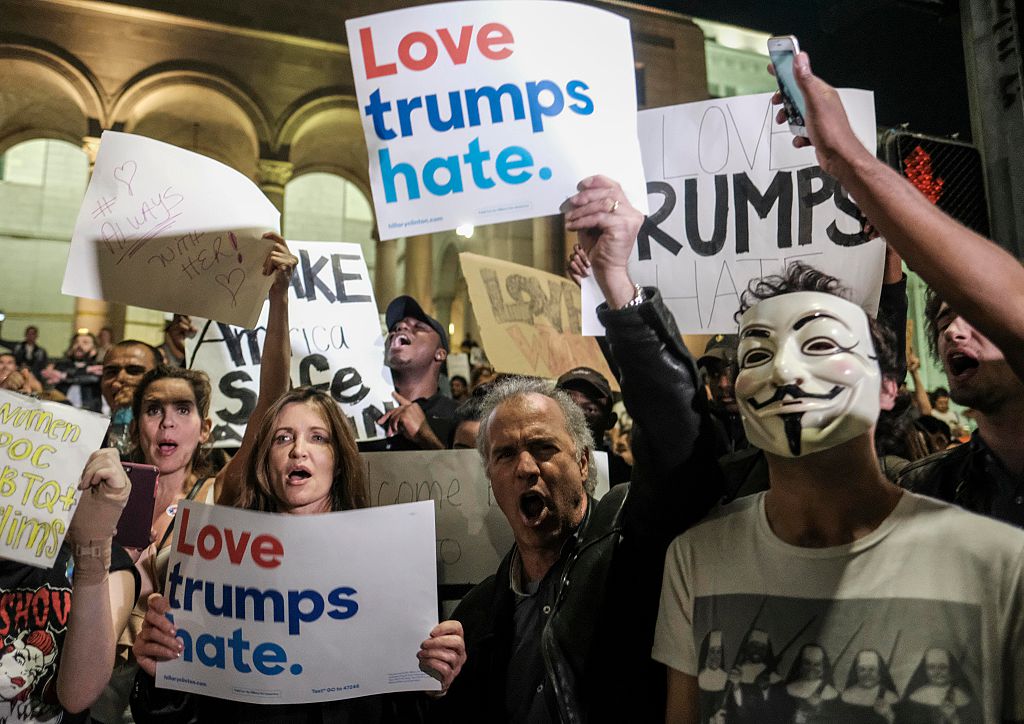Demonstrators gather to protest a day after President-elect Donald Trump's victory, during a rally outside Los Angeles City Hall in Los Angeles, California