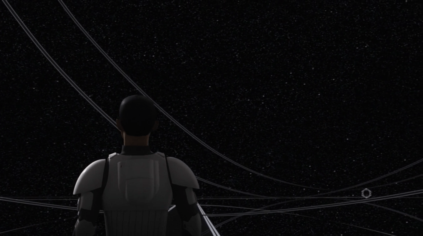 Ezra stands and stares outward into a black starry sky. Ezra stands and stares outward into a black starry sky.