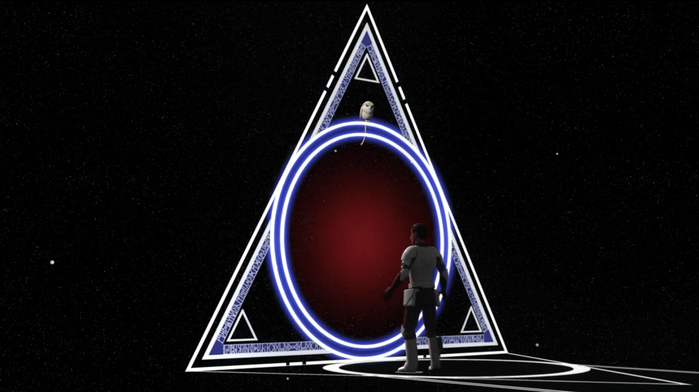 Ezra discovers a triangle shaped portal. Ezra discovers a triangle shaped portal.