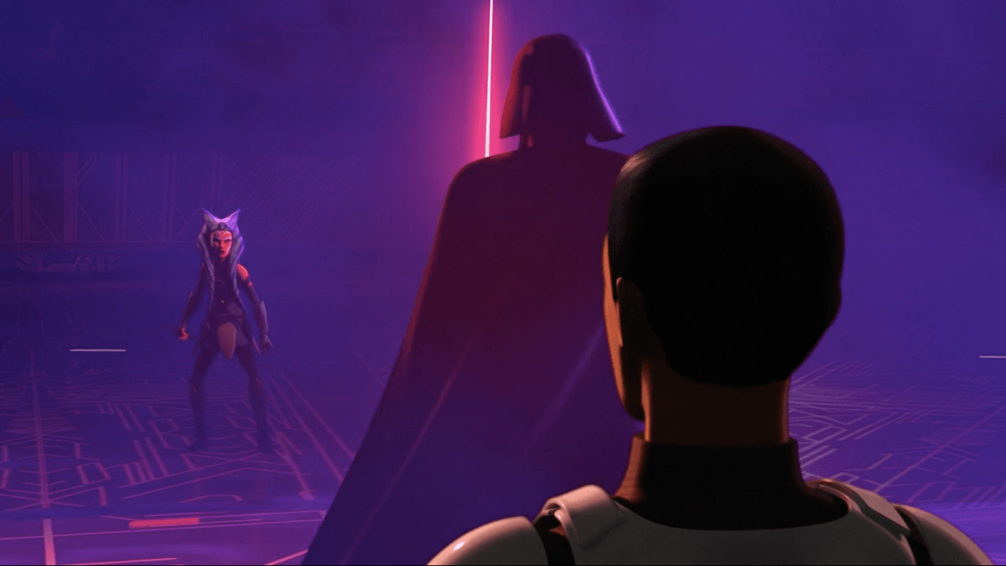 Ezra stands in a dark room with two other Star Wars Rebels characters. Ezra stands in a dark room with two other Star Wars Rebels characters.