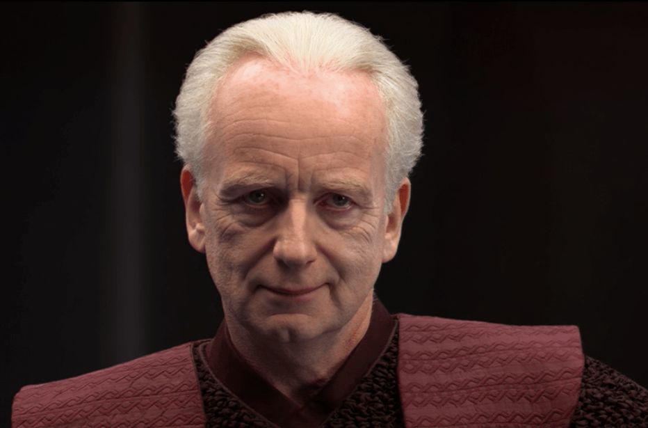 Sheev Palpatine smiling slightly while wearing red clothing, Sheev Palpatine smiling slightly while wearing red clothing,
