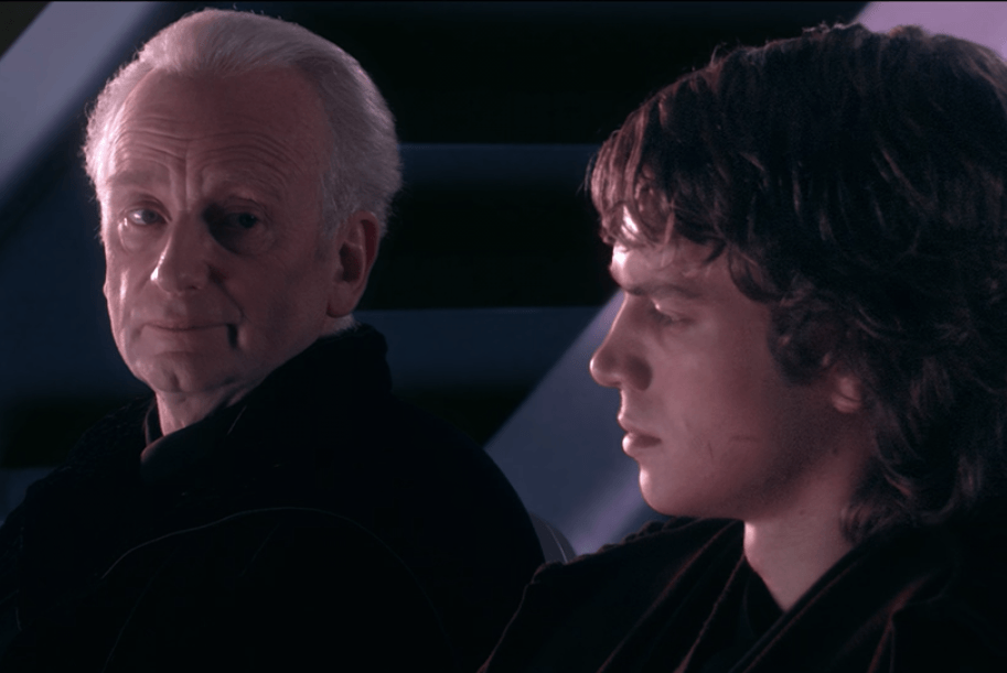 Palpatine looks over at Anakin. Palpatine looks over at Anakin.