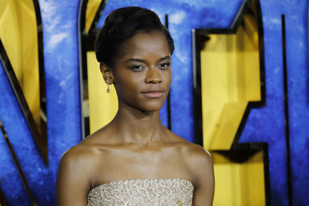 Guyanese-born British actress Letitia Wright poses on arrival for the European Premiere of 'Black Panther' in central London