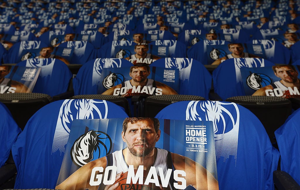 An image of Dirk Nowitzki #41 of the Dallas Mavericks on the seats before a game