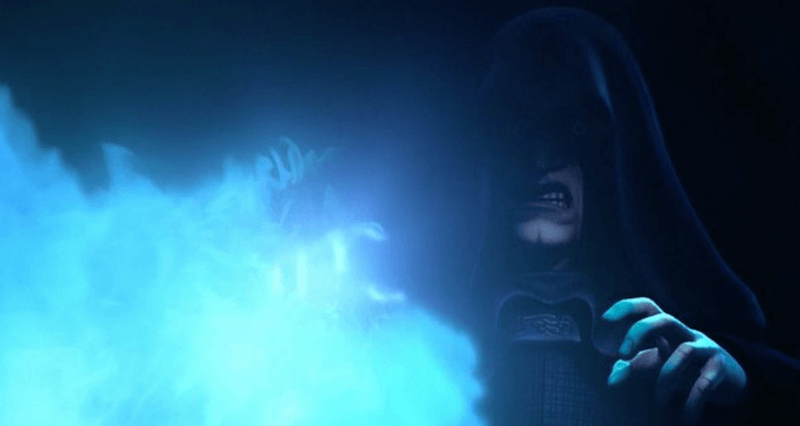 Emperor Palpatine in front of blue flames. 