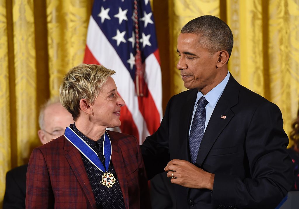 US President Barack Obama presents actress and comedian Ellen DeGeneres with the Presidential Medal of Freedom, the nation's highest civilian honor, during a ceremony honoring 21 recipients, in the East Room of the White House in Washington, DC, November 22, 2016. US President Barack Obama presents actress and comedian Ellen DeGeneres with the Presidential Medal of Freedom, the nation's highest civilian honor, during a ceremony honoring 21 recipients, in the East Room of the White House in Washington, DC, November 22, 2016.