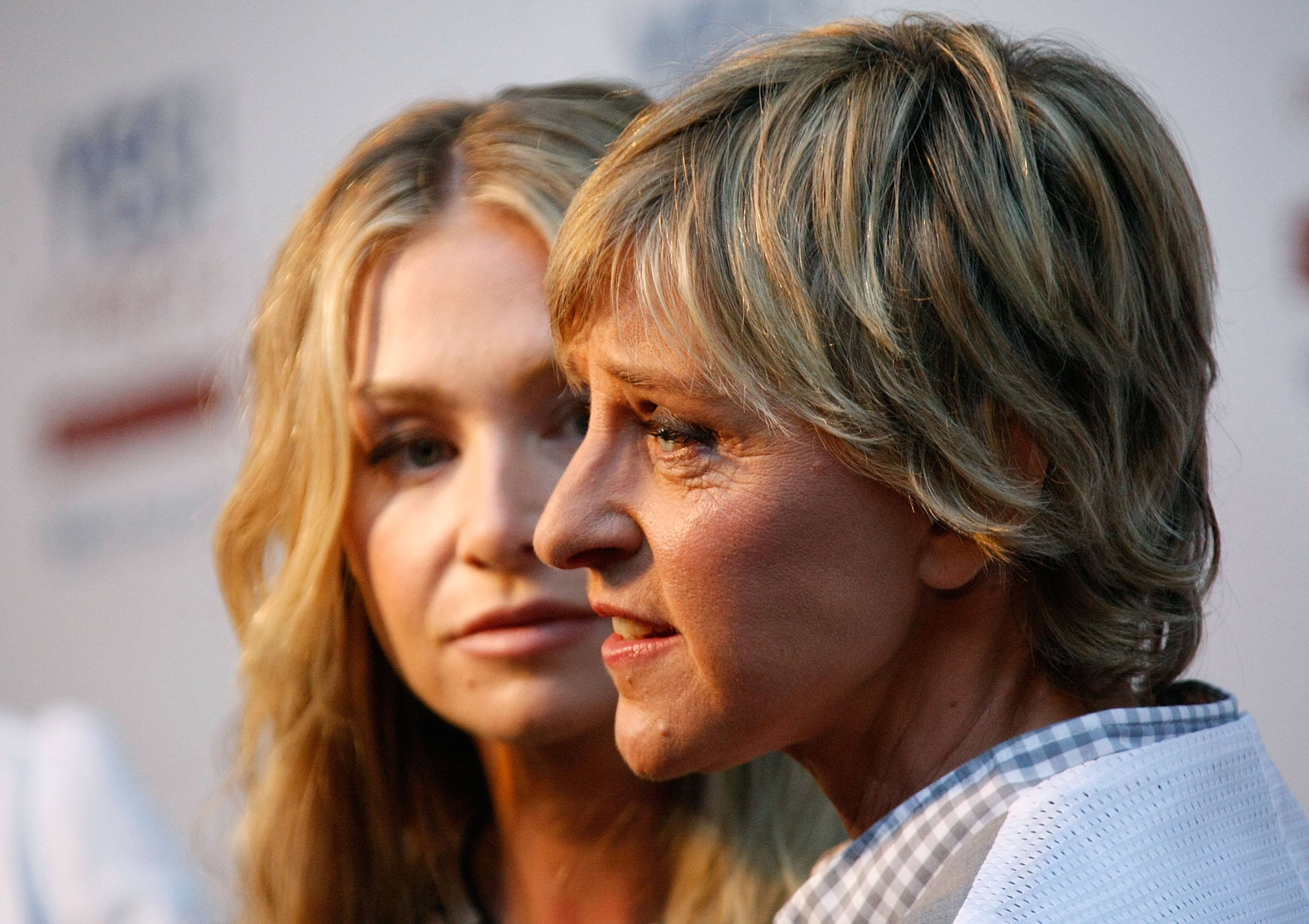 Actress Portia de Rossi (L) and comedian Ellen DeGeneres arrive at the Yes! on Prop 2 Party at a private residence on September 28, 2008 in Los Angeles, California. 
