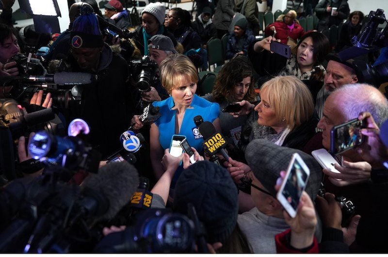 Cynthia Nixon meets with people at the Bethesda Healing Center on March 20, 2018 in Brooklyn, New York at her first event since announcing that shes running for governor of New York.