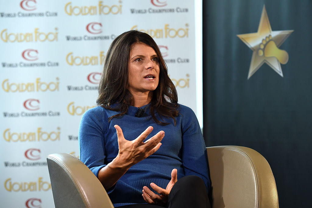 Mia Hamm is interviewed at Monte-Carlo Bay during the Golden Foot