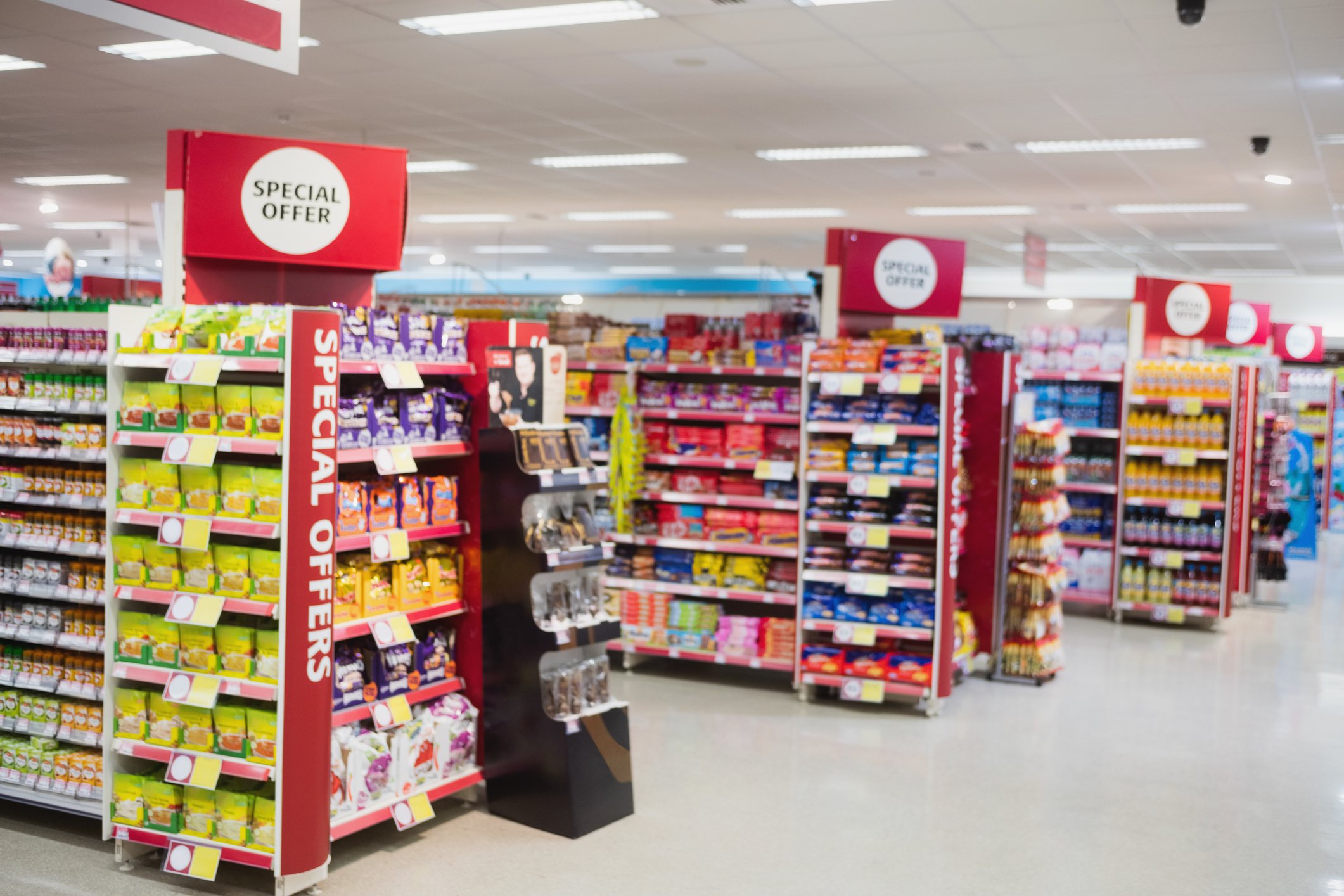 Photograph of shelves with promotions in a supermarket Photograph of shelves with promotions in a supermarket